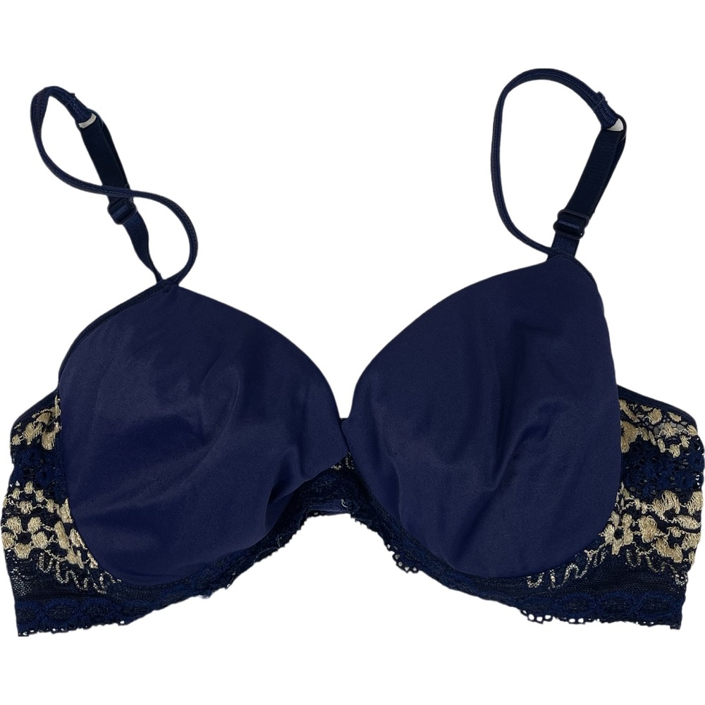 Vtg Olga Bra 3D Blue Gold‎ Floral Lace Soft Satin Demi Cup 33162 Underwire